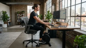 An active professional breaking a sweat on a challenging desk cycle featuring heavy-duty resistance.