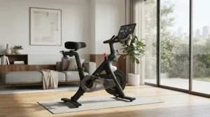 A comfortable upgraded bike seat for peloton installed in a sunlit home fitness studio