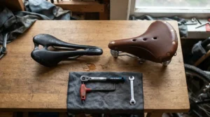Comparing a hard stock saddle to a plush comfortable bike seat replacement in a flat lay gear setup.