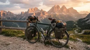 A touring bike equipped with a comfortable bike seat replacement ready for cross-country pain-free cycling trips.