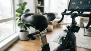 A comfortable bike seat replacement installed on an indoor stationary bicycle for a pain-free cycling workout at home.