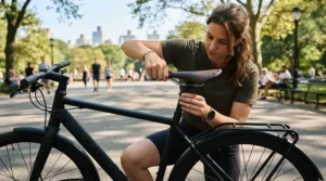 Installing a comfortable bike seat replacement on a city commuter bicycle for daily urban riding.