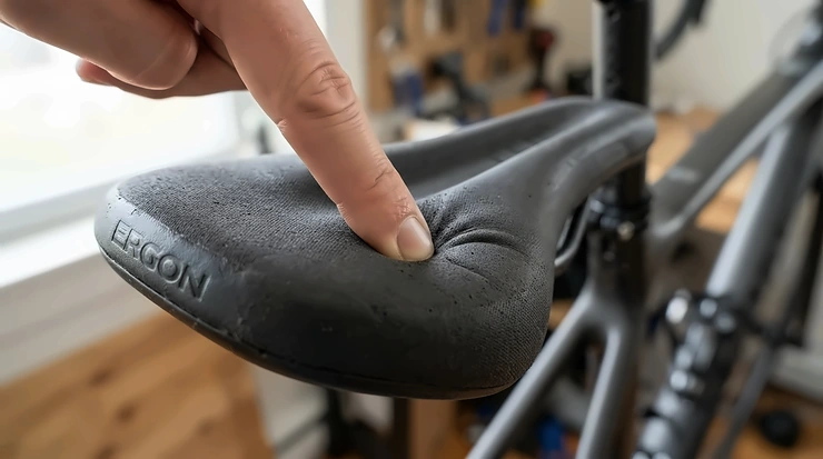 A close-up view of the memory foam and gel cushioning on a comfortable bike seat replacement.