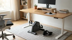 A minimalist workspace featuring a discreet seated desk bike for low-impact movement.