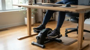 A close-up view of office fitness equipment featuring a seated desk bike tucked neatly under a standing desk.