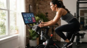 A graphic showing customizable workout intensity settings on a digital display of a desk bike with resistance.