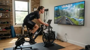 An athlete riding a zwift compatible bike while watching a virtual cycling app on a screen