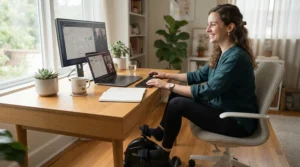Active sitting solutions in action with a seated desk bike promoting wellness during long work hours.
