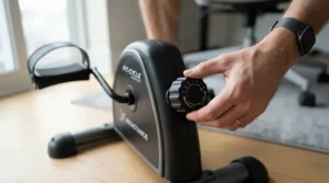 Close-up of a hand adjusting the tension knob on a desk bike with resistance for a customized ride.