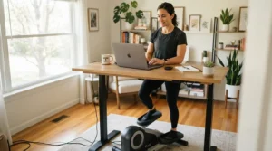 A remote worker pedaling a desk bike with resistance during a video call in a modern apartment.