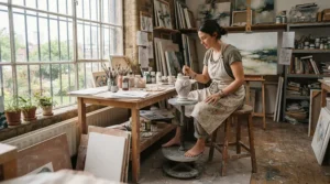 An artist's studio incorporating a desk cycle vs deskbike for daytime movement.