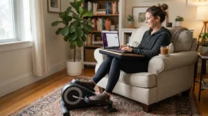 Relaxing on a lounge chair with a desk cycle vs deskbike unit positioned in front.
