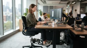 An open corporate cubicle showing a desk cycle vs deskbike configuration for active sitting.