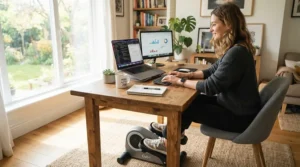 A remote worker reviewing a desk cycle vs deskbike setup in a living room home office.