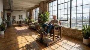 A sunlit industrial loft showcasing a sleek desk cycle vs deskbike arrangement.
