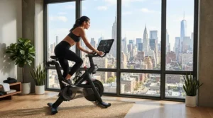 An interactive exercise bike positioned by a large window showing a city skyline view