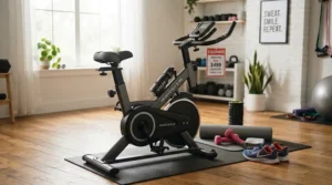 An illustration showing a fitness bundle deal including an exercise bike, mat, and weights at a reduced price.