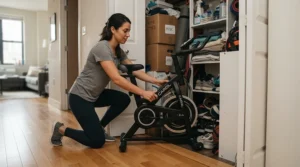 An easy-storage portable desk bike being placed into a hallway closet after a workday.