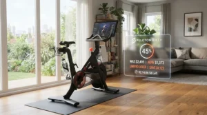 An illustration showing a digital price tag with a discount percentage next to an indoor exercise bike during a holiday sale event.