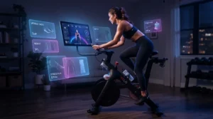 An illustration of a Cyber Monday special offer on a high-tech indoor cycling bike with digital discount graphics.