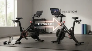An illustration depicting a trade-in and upgrade offer for purchasing a new smart exercise bike at a lower cost.