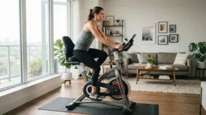 An ergonomic exercise bike seat featuring integrated back support installed on a stationary bike in a modern living room