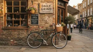 A commuter bicycle parked near a neighborhood coffee shop featuring an ergonomic oversized bike seat cushion.