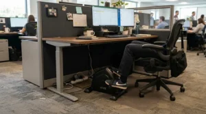 An ergonomic portable desk bike set up inside a traditional corporate office cubicle.