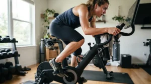 Side angle view of exercise bike pedals with straps during a high-intensity cardio workout session