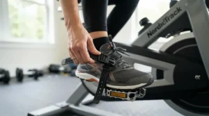Detailed shot demonstrating how to adjust exercise bike pedals with straps for a snug footwear fit