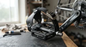 Dual-sided exercise bike pedals with straps showing both the flat platform and cage mechanism