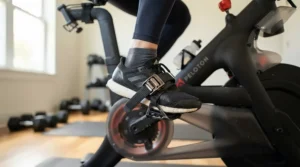 Close-up of exercise bike pedals with straps installed on an indoor stationary bicycle in a bright living room