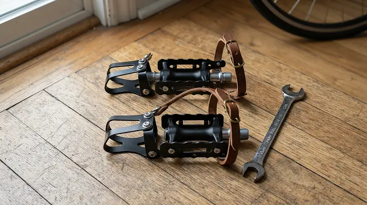 Pair of replacement exercise bike pedals with straps laid out on a wooden floor alongside basic assembly tools