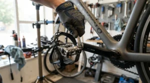 Wrench tightening new exercise bike pedals with straps onto an older stationary training bicycle