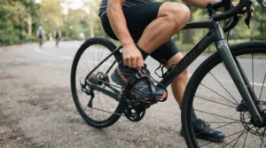 Person sliding their athletic shoe into exercise bike pedals with straps before starting a morning routine