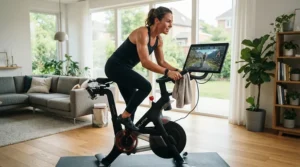 A person riding an exercise bike with touchscreen in a modern home gym during a live-streamed cardio class