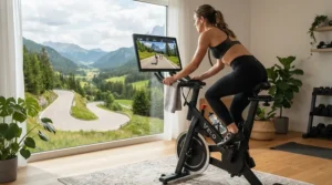 An exercise bike with touchscreen displaying an immersive scenic outdoor biking trail on screen.