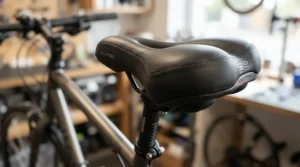 Close-up of an extra wide bike seat fitted with a thick oversized bike seat cushion showing ergonomic padding.