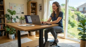 A multitasking employee staying active with fitness while working on a desk bike with resistance.