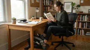 A student using a folding portable desk bike while reading textbooks in a quiet study room.