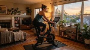 Relaxing evening cardio session utilizing a soft gel bike seat for exercise bike at home.