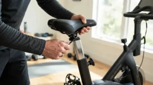 Hands installing a plush gel bike seat for exercise bike onto a stationary bicycle post.