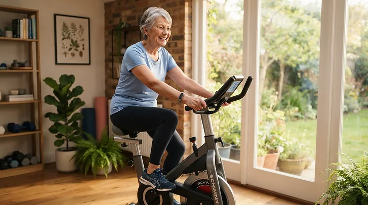 An older adult enjoying a comfortable workout using a gel bike seat for exercise bike.
