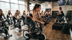 A gel bike seat for exercise bike installed on a studio spin bike during an indoor workout.