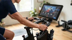 Close-up of the handlebars and HD touchscreen on a modern indoor cycling bike with built in classes.