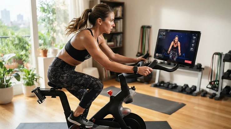 A user following a virtual coach on the monitor of an exercise bike with touchscreen during a morning routine