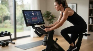 Metrics and leaderboard data displayed clearly on the screen of an interactive bike with built in classes.