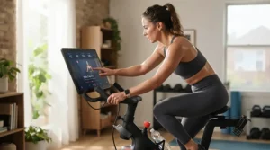 Athlete checking heart rate monitor data on a connected interactive exercise bike display