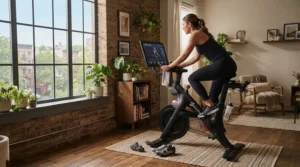 A compact interactive exercise bike fitting neatly into a corner of a small studio apartment