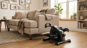 A lightweight portable desk bike positioned near a comfortable sofa in a modern apartment.
